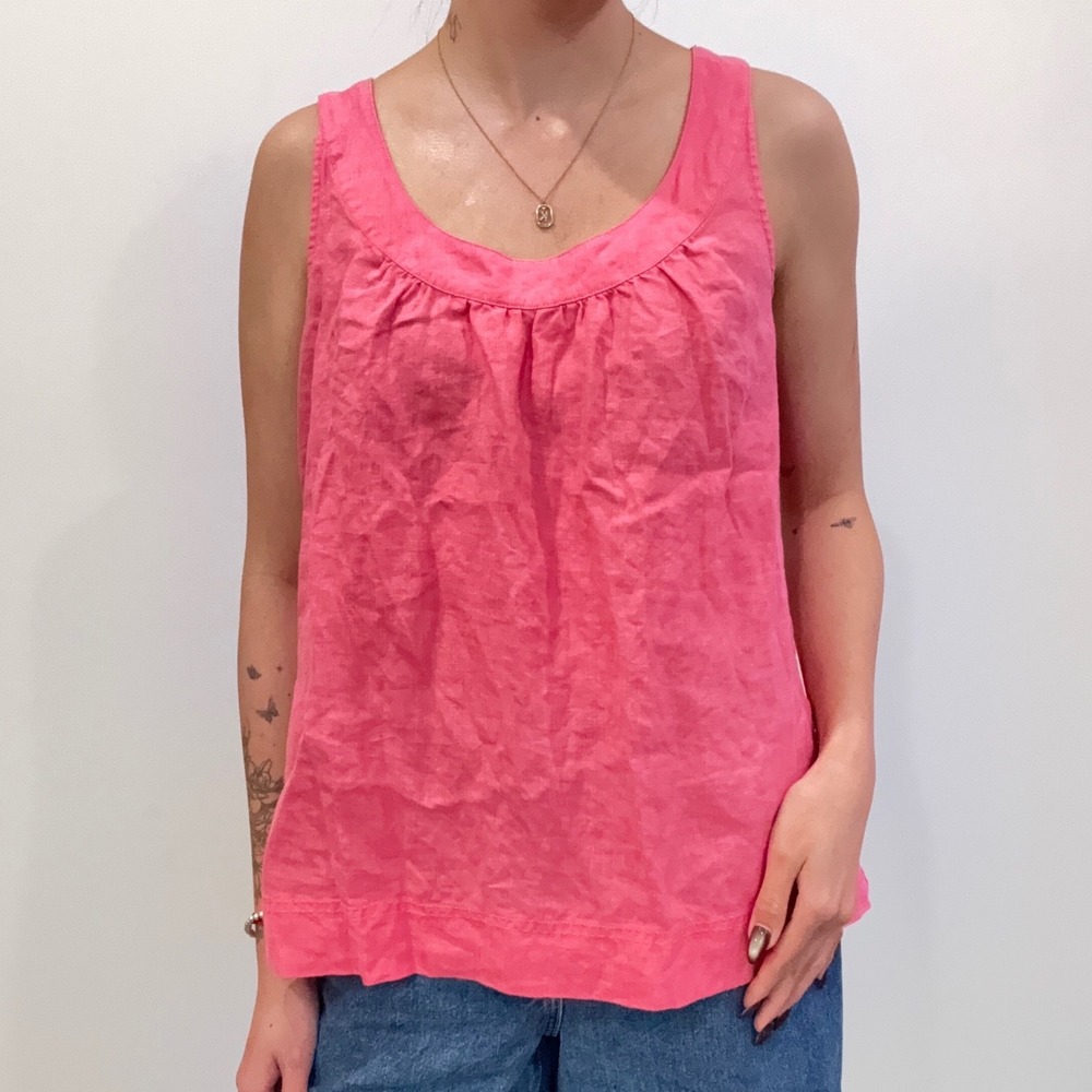 Linen Pink Scoop Neck Pleated Tank Top